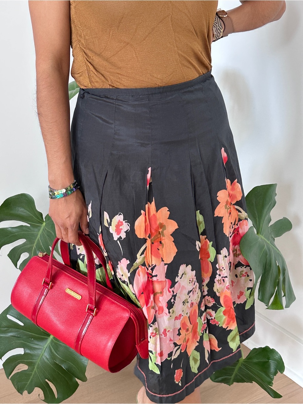 Black Floral Midi Skirt with Coral and Pink Blooms